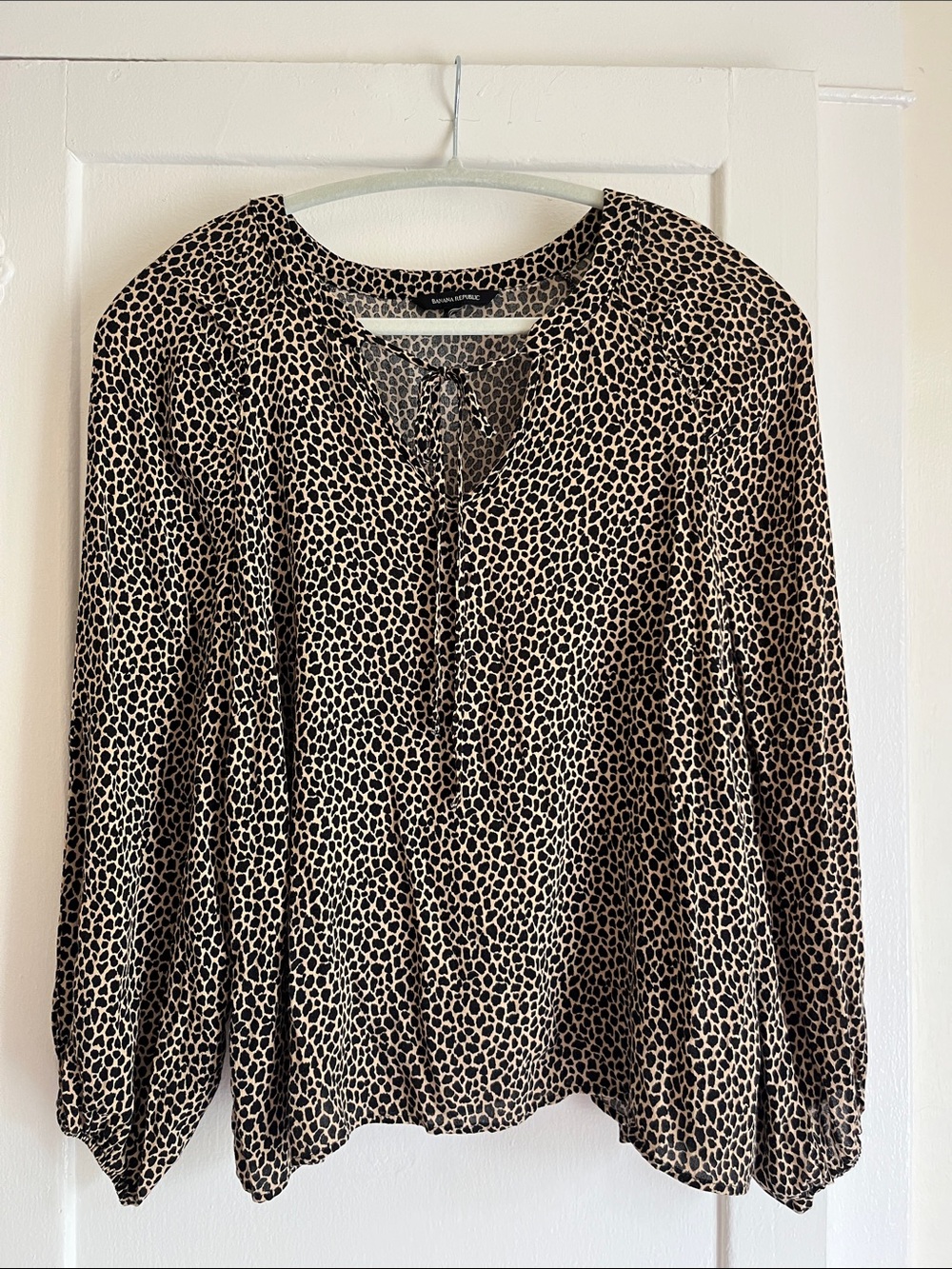 Banana Republic Black and Cream Animal Print Tie-Neck Blouse